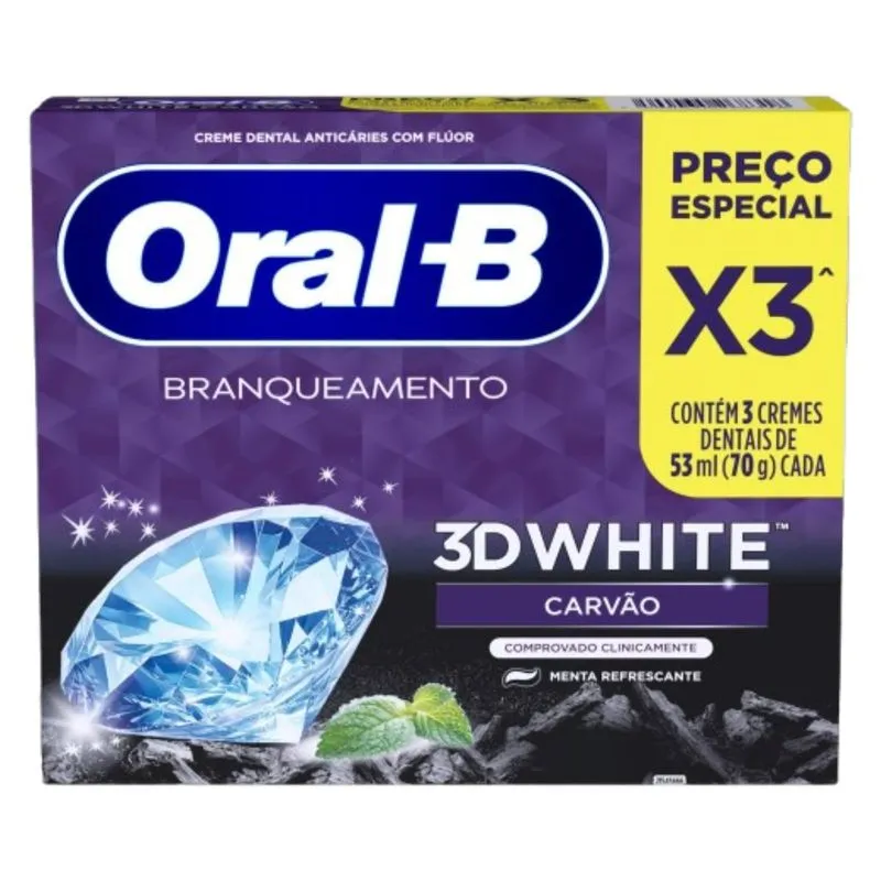 Pack Creme Dental Oral-B 3d White Carvão Menta Refrescante 3 Unidades 70g Cada