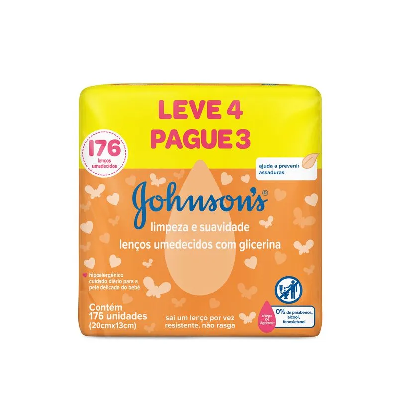 Pack Lenço Umedecido Johnsons Leve 4 Pague 3 Unidades Pacote 176 Folhas