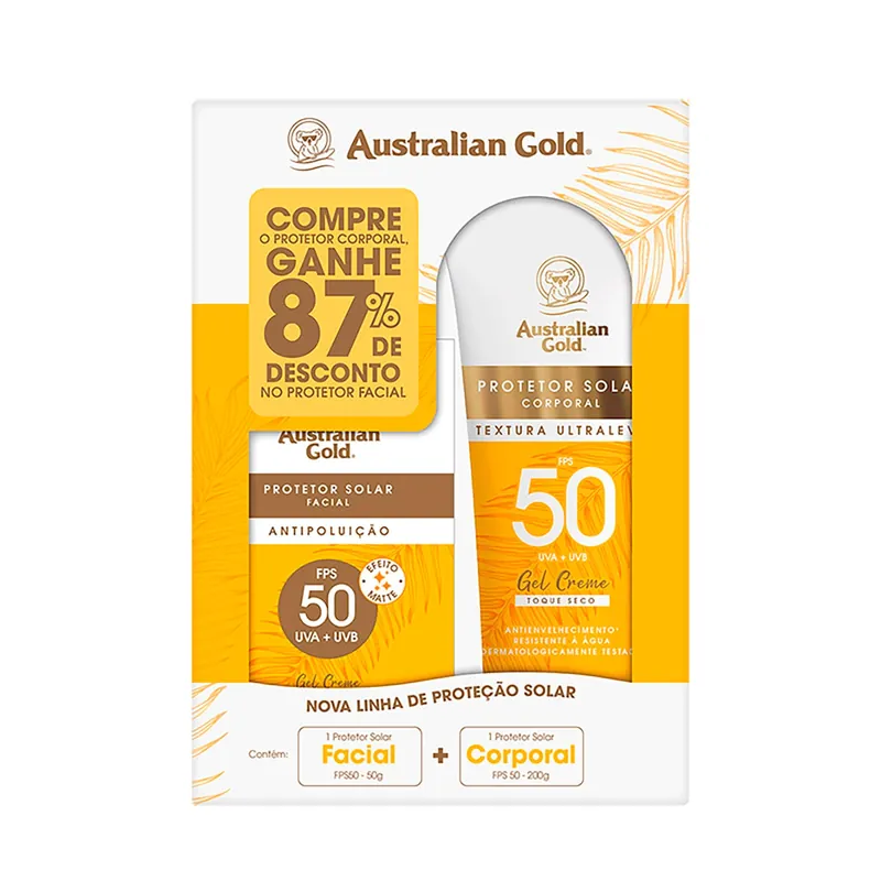 Kit Protetor Solar Australian Gold Corporal FPS50 Gel Creme 200g 1 Unidade + Protetor Solar Australian Gold Facial FPS50 Gel Creme 50g 1 unidade