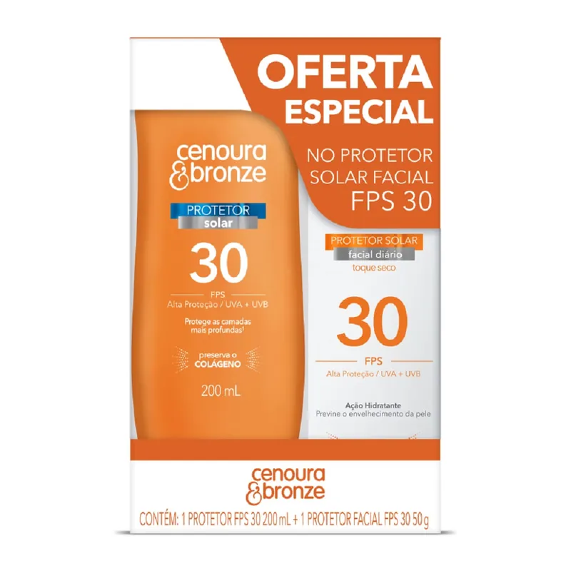 Kit Protetor Solar Cenoura & Bronze FPS30 Corporal 200ml 1 Unidade + Protetor Solar Facial FPS30 50g 1 Unidade