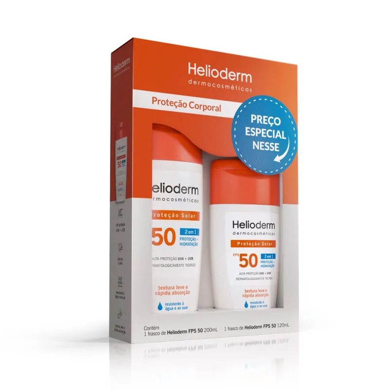 Kit Proteção Corporal Protetor Solar Helioderm Suncare 2 em 1 FPS50 200ml 1 Unidade + Protetor Solar Helioderm Suncare 2 em 1 FPS50 120ml 1 Unidade