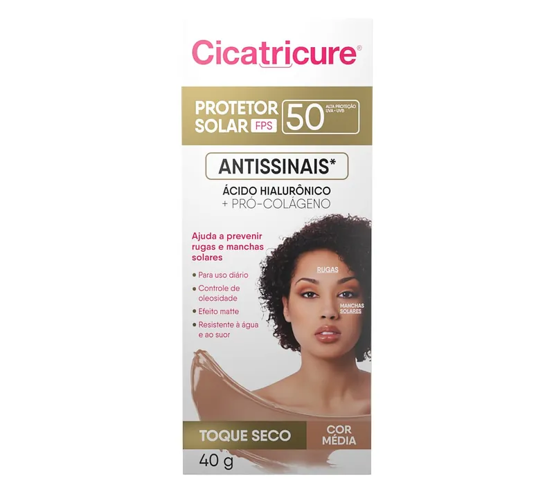 Protetor Solar Facial Cicatricure Antissinais FPS50 Efeito Matte Cor Média 40g