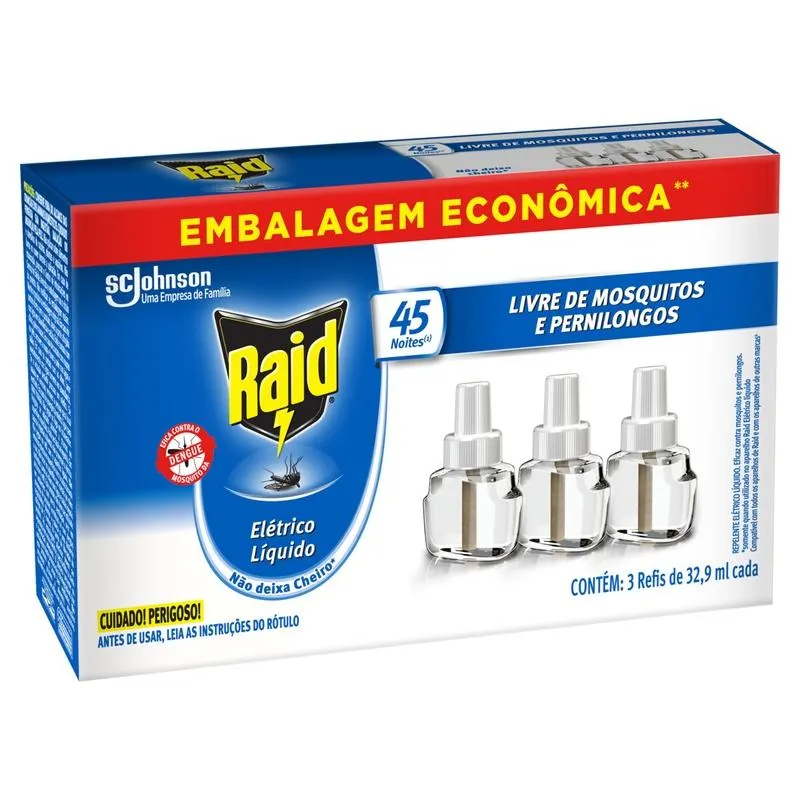 Refil Repelente Elétrico Líquido Raid 45 Noites - 3un de 32,9ml