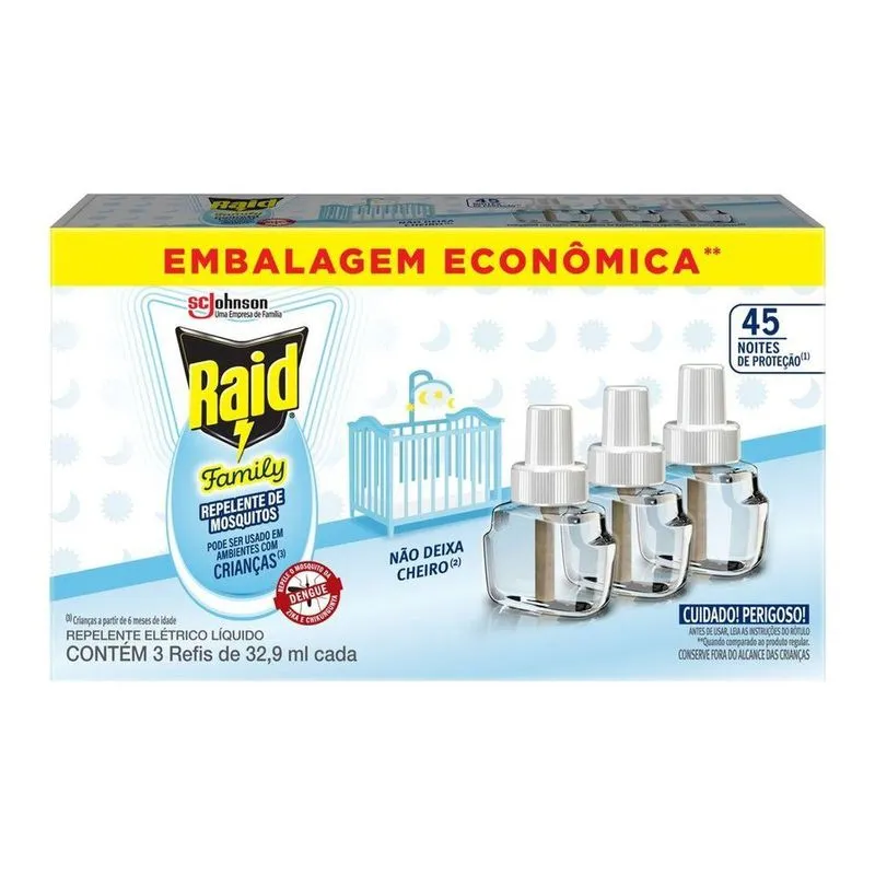 Repelente Elétrico Raid Líquido 45 Noites - 3 Unidades Refil de 32,9ml