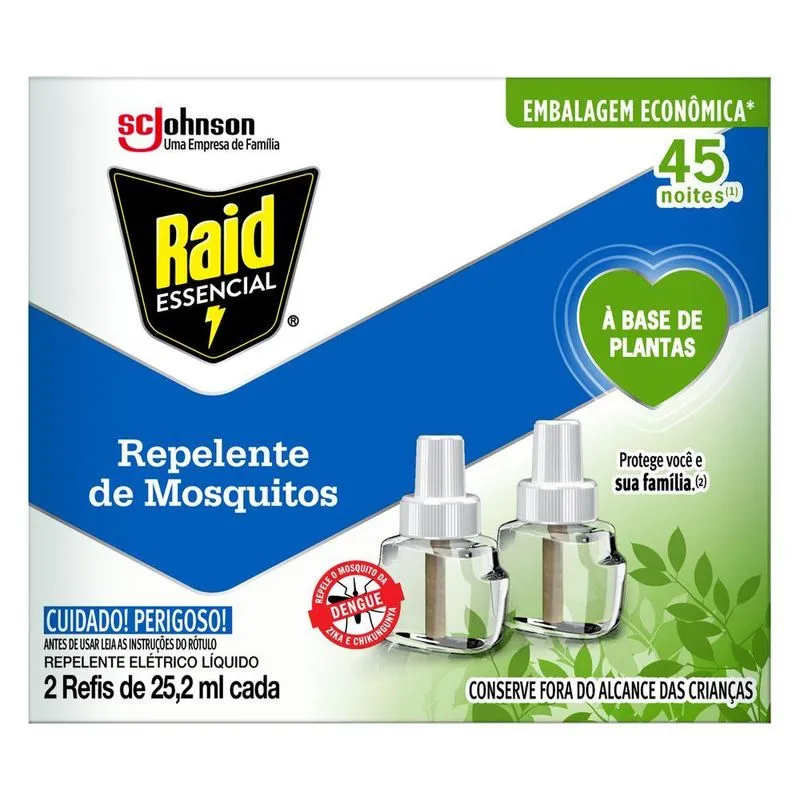Repelente Elétrico Raid Líquido 45 Noites - Plantas Essenciais, 2 Unidades, 25,2ml Cada, Econômico