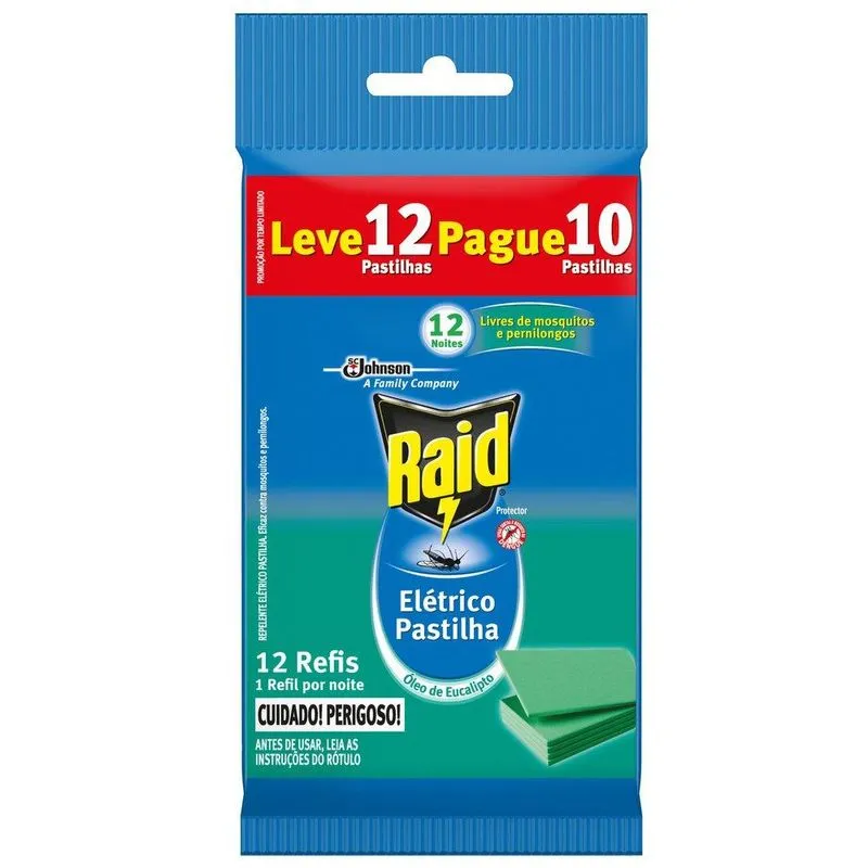 Repelente Elétrico Raid Pastilha 12 Noites - Óleo de Eucalipto, Leve 12 Pague 10