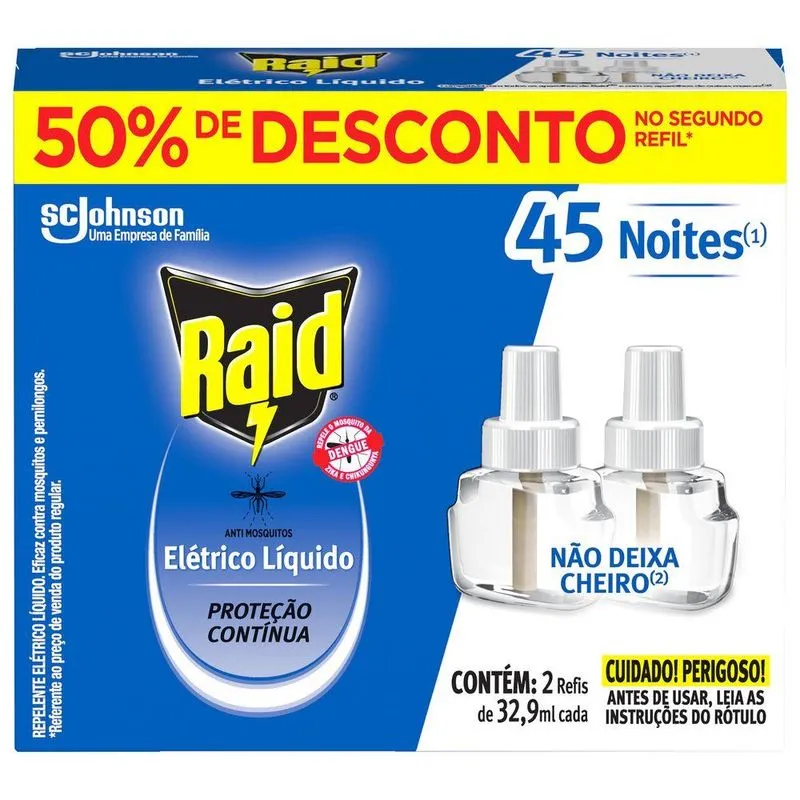 Repelente Elétrico Raid Refil Líquido - 2 unidades de 32,9ml