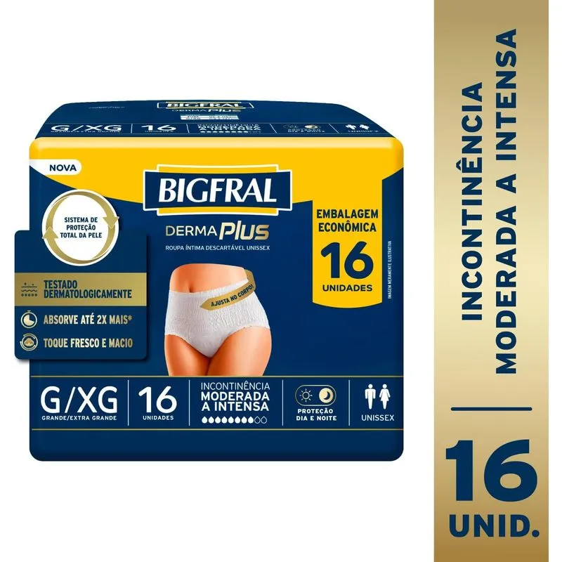 Roupa Íntima Descartável Bigfral Derma Plus Incontinência Urinária Moderada a Intensa G/XG 16 Unidades