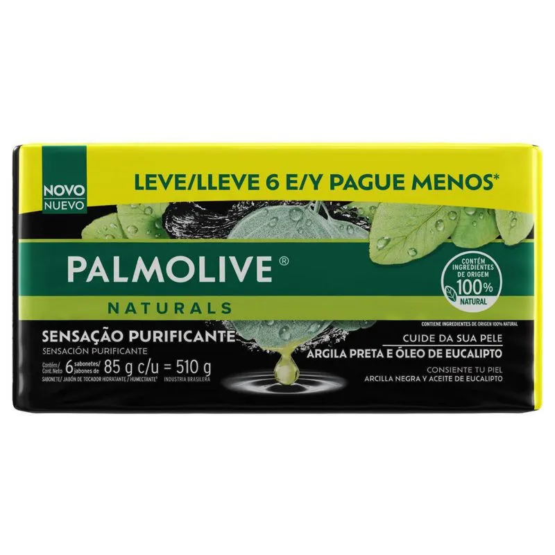 Kit Sabonete em Barra Palmolive Naturals Argila Preta e Óleo de Eucalipto 85g 6 Unidades Promo