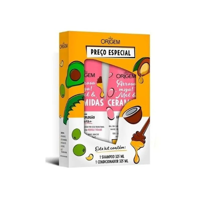 Shampoo e Condicionador Origem Arrasa Miga Mel e Cerâmidas 325ml